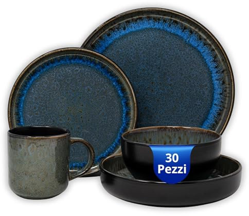 NAMAI - Set Piatti 18 Pezzi + 6 Ciotole Antipasti + 6 Tazze Colazione - Porcellana - Adatti in Lavastoviglie e Microonde - Servizio Piatti 6 Persone - Tazze Cappuccino (30 pz PMC)