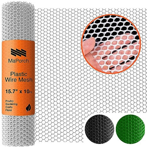 MAPORCH Weißer Kunststoff-Maschendrahtzaun, 39,5 cm x 3 m, Rolle – ideal für Geflügel, Hunde, Kaninchen, Schlangenbarriere und Gartenarbeit – langlebiges Kunststoff-Hühnermaschendraht – vielseitige