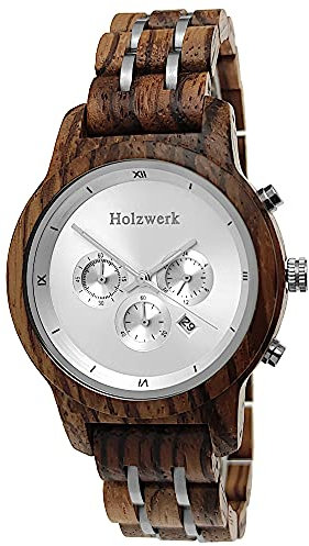 Holzwerk Germany Handgefertigte Designer Damen-Uhr - Öko Natur Holz Chronograph Armband Analog Quarz Schwarz Braun Grün Silber Datum Holz Ziffernblatt (Braun-Silber)