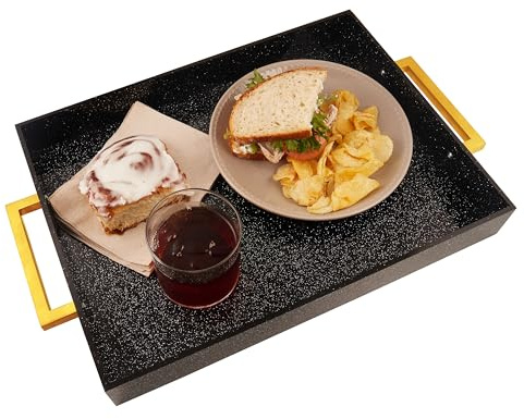 Acrylic Gold-Handled 16x12 Black Glitter Tray, Spill-Proof for Coffee Table, Ottoman, Kitchen, Vanity, Countertop, Party Use