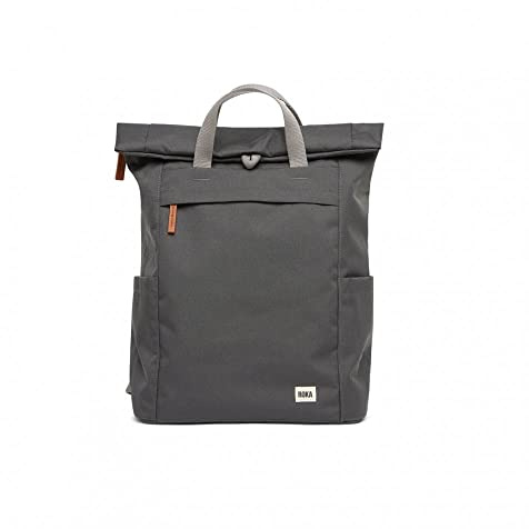 ROKA London Finchley A Medium Recycled Canvas (Carbon) | Roll top backpack with spacious storage, padded laptop sleeve, side bottle pockets, secret pocket and adjustable straps