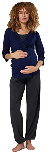 HAPPY MAMA. Femme Maternité Pyjama de Nuit Grossesse Allaitement Vêtement. 060p (Marine & Mélange Graphite, 44, 2XL)