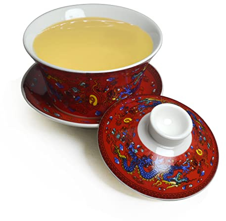 Gaiwan Teacup 7oz Chinese Dargon Sancai Cover Bowl Lip Saucer Set for Gongfu Tea (Red)