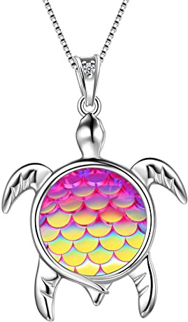 Aurora Tears Schildkröte Halskette Meeresschildkröte Anhänger 925 Sterling Silber Oktober Geburtsstein Farbverlauf Bunte Meerjungfrau Schuppen Süße Tier Anhänger Charm Halskette DP0325O