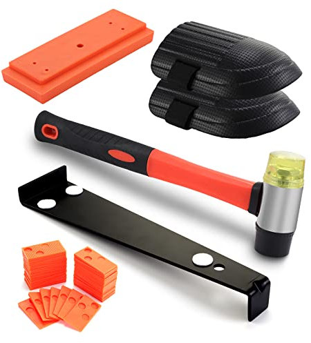 Knpwer 65 Stück Vinyl Verlegeset inkl,Laminat Holzfußboden Installations Set,Holzboden Verlegung Kit mit 60 Abstandshaltern, Doppelköpfiger Hammer, Gewindebohrer und Zugstange