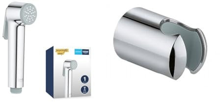 GROHE Vitalio - Handbrause (1 Strahlart, mit Druckknopf), chrom, 26351000 & Relexa - Handbrausehalter (langlebige Oberfläche, nicht verstellbar), chrom, 28605000