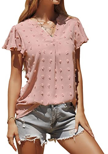 TOMEEK Chemise Femme Chic et Élégant Col en V Blouse Femme Chiffon D'été Tee Shirt Femme à Manches Courtes Fluide Haut Ample Tunique, Rose, Taille L