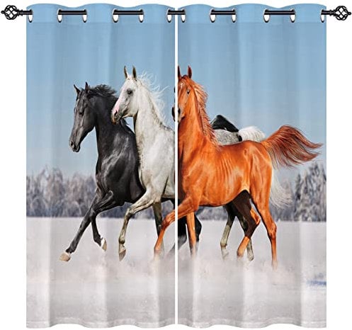 ANHOPE Winter Feld Tier Pferd Vorhänge mit Ösen Weich Gardinen Blickdichte Thermo Vorhang Blackout Curtain Schlafzimmer Wohnzimmer Verdunklungsvorhänge 2er Set H 160 x B 140 cm