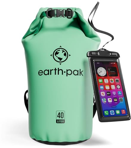 Earth Pak - Wasserdichter Packsack mit Schultergurt und wasserfester Handyhülle – Ideale Rolltop Tasche beim Kajak Fahren, Wandern, Camping, Angeln, Bootfahren und Rafting (Meerschaumgrün, 40L)