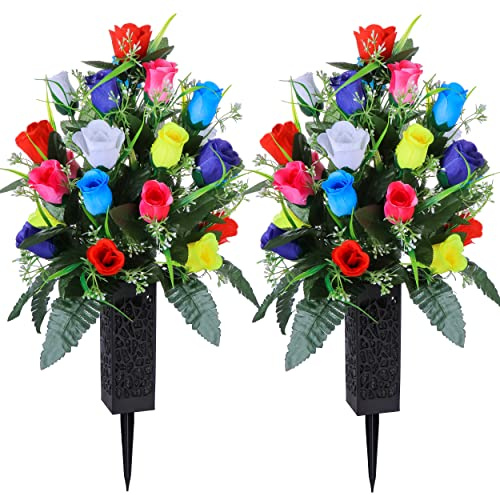 LVXINLI Künstliche Friedhofsblumen, Grabdekoration, Rosen, schöne Arrangements, Blumenstrauß mit Friedhofsvase, dauerhafte und nicht verfärbte Farben (bunt)