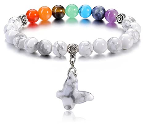 JSDDE Chakra Armband Heilsteine Armband mit Schmetterling Anhänger Edelsteine Perlenarmband Damen Armband Naturstein Armband Glücksbringer (Weißer Howlite)