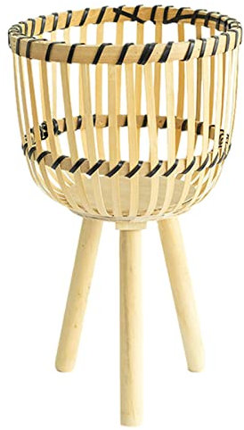 Holzhocker für Pflanzen, dekorative gewebte Hocker für Zimmerpflanzen, gewebter Blumentopf auf hölzernen Standbeinen, erhöhter Pflanzhocker, gewebter Pflanzkorb für moderne, rustikale Heimdekoration