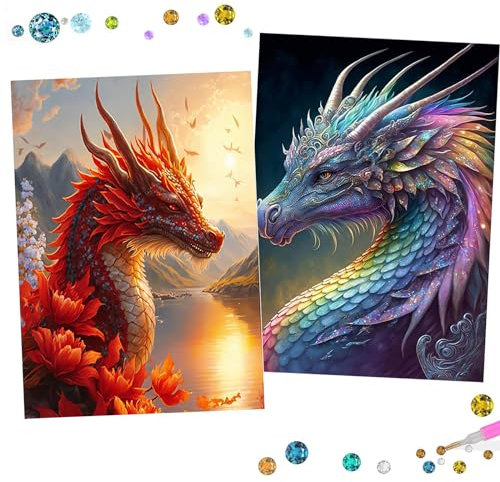 Uirheurd Diamond Painting Drache,Diamond Painting Bilder,5D, Diamond Painting Drachen Für Wohnzimmerdekoration, Geeignet Für die Wanddekoration zu Hause, mit Zubehör, 2 Stück (25 x 35 cm)