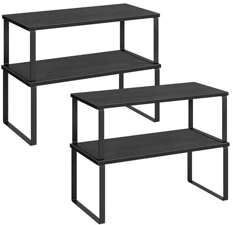 SONGMICS Kitchen Cupboard Organisers, Set of 4 Counter Storage Shelves, Stackable, Expandable Spice Racks, Metal and Engineered Wood, Ink Black and Ebony Black KCS028B01