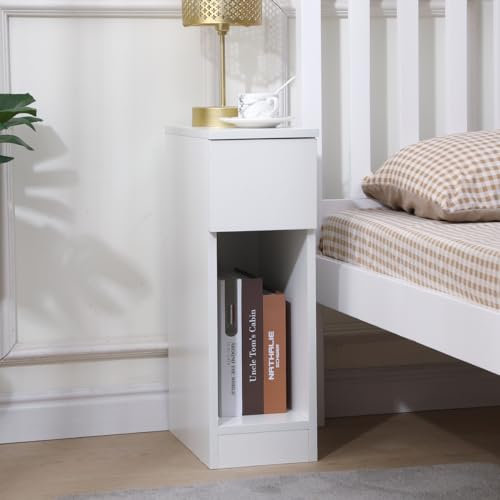 Rainbow Tree Slim Tall Bedside Table Cabinet with Drawer & Storage Space for Bedroom, Narrow Sofa Side Table End Table for Living Room, Nightstand White