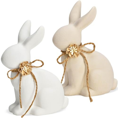 Moderne Osterhasen Dekofiguren aus Keramik im Set im Scandi Stil Landhausstil Osterdeko Hasen Schleife als Wohnzimmer, Schlafzimmer oder Flur Deko Figuren für Innen als Frühlingsdeko im Boho Style