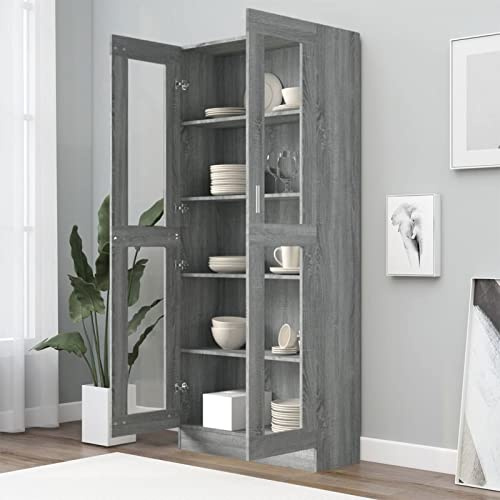 Homgoday Vetrina in vetro, vetrina da soggiorno, credenza, cucina, ufficio, schedario, con 5 ripiani 2 ante in vetro 82,5 x 30,5 x 185,5 cm, grigio Sonoma