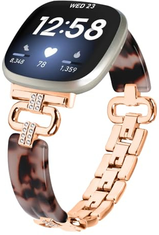 Miimall Alloy Resin Strap for Fitbit Versa 4/Versa 3/Fitbit Sense 2/Sense Band, Bling Rhinestone Wristband, No Gap Metal Band for Fitbit Versa 4, Adjustable Replacement Strap for Women Girl-Rose Gold