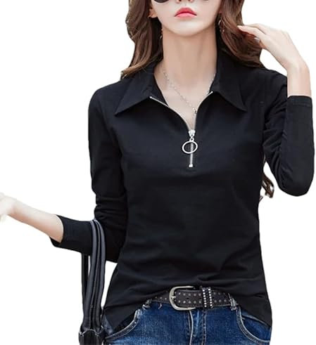 Women's Solid Long Sleeve Polo Collar Shirts,Cotton Zipper Turn Down Neck Casual Formal T Shirt Top Black M 47.5kg to 52.5kg