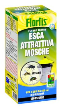 Flortis Esca attrattiva mosche per la cattura delle mosche. Prodotto biocida uso esterno. 3 dosi per 500ml di trappola mosche esterno. Esca mosca, moscone e insetti. Antimosche attrattivo granulare.