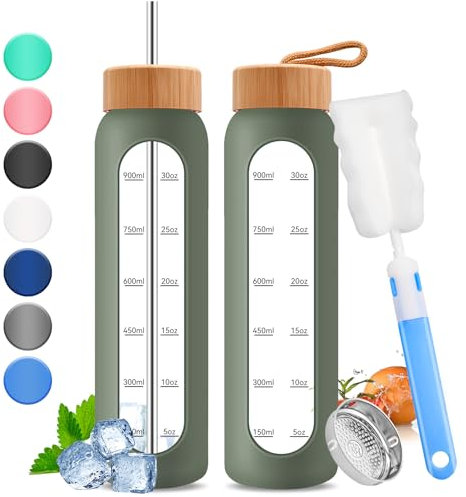 32oz Glass Water Bottle with Time Marker - 1000ml Large Motivational Water Bottle with 2 Bamboo Lids, Sealed & Straw Hole, 1L Bottle for Fitness with Stainless Steel Straw & Silicone Case (Green)