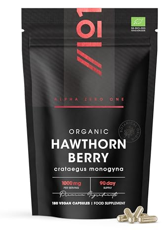Organic Hawthorn Berry 1000mg – 180 Vegan Capsules – High Strength Crataegus Monogyna Supplement – Clean & Potent Formula – Resealable and Recyclable Pouch by Alpha01
