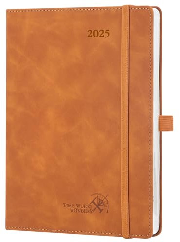 POPRUN Kalender 2025 Buchkalender Softcover mit PU-Leder, ca. A5 (22 x 16,5 cm) - Terminplaner, Wochenplaner Notizbuch (Jan.2025-Dez.2025) mit 100 GSM Papier - Braun