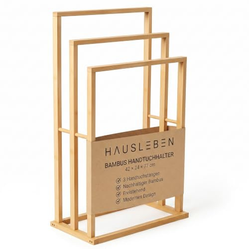 hausleben Handtuchhalter aus Bambus – 3 Handtuchstangen | Freistehender Handtuchständer 42×24×77 cm | Stilvoller Badezimmer-Organizer für Gäste-, Dusch- & Badetücher