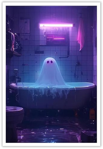 horakey Poster de fantôme rétro - Décoration murale de ferme, Halloween, fantôme violet fluo assis dans la baignoire - Peinture pour maison, chambre à coucher, dortoir - 30,5 x 40,6 cm - Sans cadre