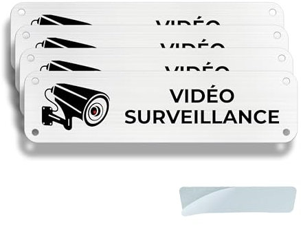 FloraVigo Panneau de caméra, 4 panneaux de propriété privée, 15×5 cm, panneau d'alarme de sécurité, intérieur/extérieur, panneau en aluminium, panneau d'alarme, avec autocollant (VIDÉO SURVEILLANCE)
