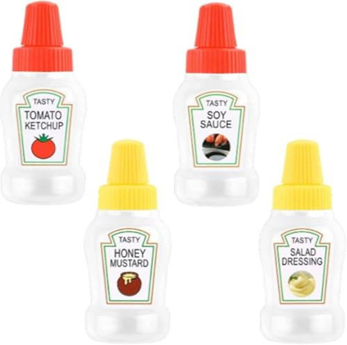 4 Stück Mini Quetschflaschen, 23 ml kleine Ketchup Flasche nachfüllbar Kunststoff Gewürzbehälter Dressing Sauce Flasche für Marmelade Honig Schokolade Sahne Sirup Salat Kinder Mittagszubehör
