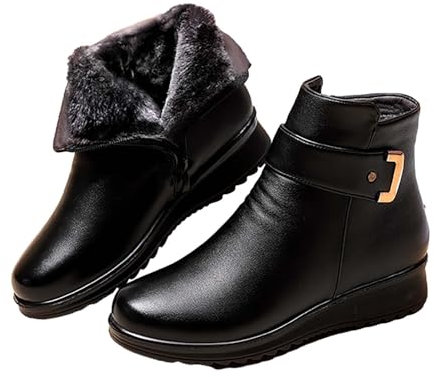 Gyaimxfu Orthopädische Stiefel für Damen,Winter Kurzschaft Stiefel Boots,Wasserdicht,Metallschnalle, Echtes Leder, Wolle, Warm, Rutschfest, Plüschfutter, Stiefeletten mit seitlichem Reißverschluss