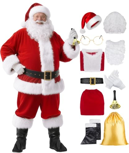 Miulruma Weihnachtsmann Kostüm Santa Claus Nikolauskostüm Weihnachten Samt Anzug mit Nikolausmütze Perücke Bart Gürtel und Handschuhe Deluxe Set Faschingskostüme für Herren Männer Damen A038XXLA