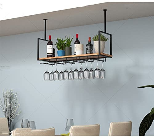 Portabicchieri da vino sospesi, Portabottiglie da vino sospesi - Mensole a soffitto, Scaffale/mensola a muro in legno massello montato a parete, Portabicchieri in ferro battuto fai-da-te/Espositore, F