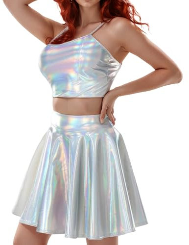 Alien Kostüm Damen Schlankes kurzes Top Damen-Halbschalenrock Crop Top Kurzer Rock Plissee-Rock-Anzug Metallic-Glitzer-Set Karneval Party (DE/NL/SE/PL, Alphanumerisch, M, Regular, Regular, Silber)