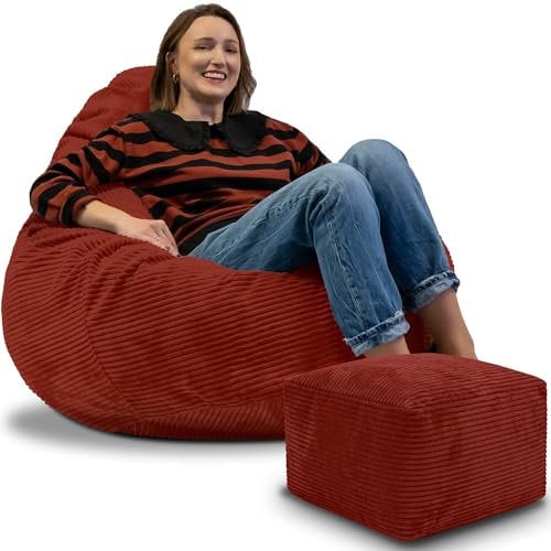 DreamRoots Sitzsack Erwachsene Cord oder Kinder - Bean Bag Sofa - Sitzsack Cord mit Hocker und Bezug - Sitzsäcke mit Füllung 90x90x100 cm Fired Brick