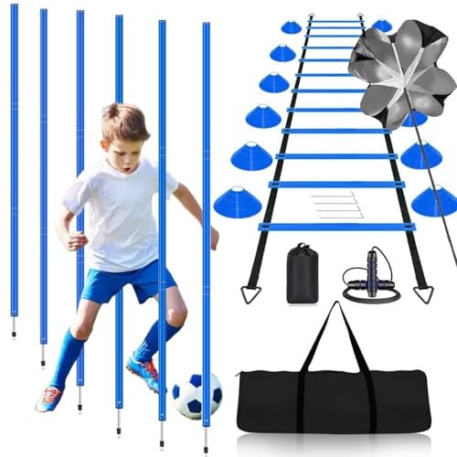 BJNCDIO Slalomstangen Fussball Trainingszubehör mit 6 Slalom Poles, Koordinationsleiter 6m, 12 Hütchen, Springseil und Resistance Fallschirm, Fußball Trainingsset für Koordinationstraining (Blau)