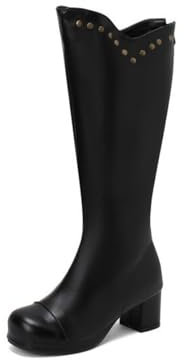smlekwc Donna Tacco Grosso Medio Stivali Lunghi Punta Rotonda Stivali Alti retrò con Cerniera Pelle Polpaccio Largo Stivali Alti al Ginocchio con Borchie,Nero,47.5 EU