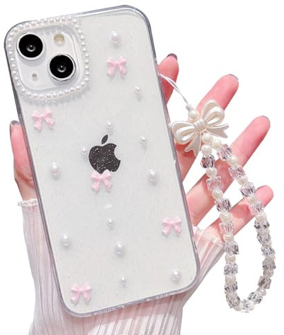 MINSCOSE für iPhone 15 Klar Glitzer Hülle,Süßes Schleife Perle Ästhetische Transparente Teen Girls Dünne Schutzhülle mit Charms Kette Armband-Rosa