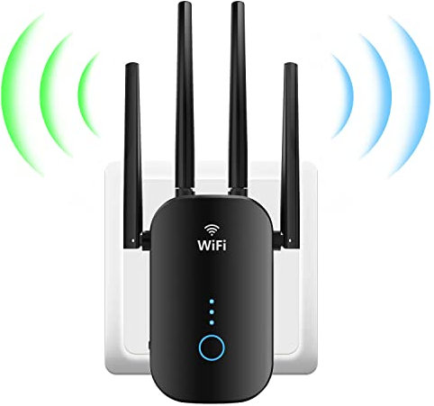 1200 Mbit/s Ripetitore WiFi (5GHz e 2.4GHz) Dual-Band Amplificatore WiFi Potente con 4 High Gain Antenna, Porta Ethernet, Wi-Fi Extender Supporta Modalità Ripetitore/Router/AP, EU Plug