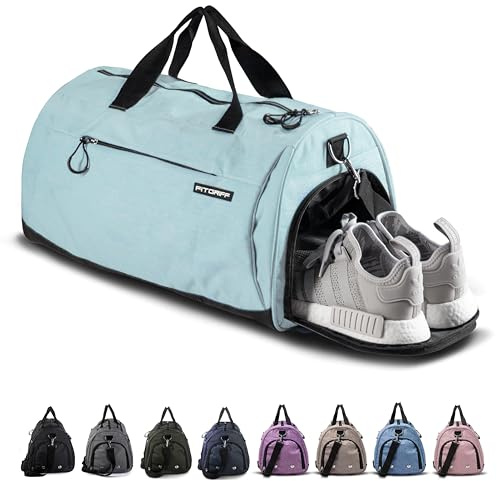 Fitgriff® Borsone Palestra Uomo & Donna V1 - Borsa Sportivo con Porta Scarpe e Tasca Umida da Viaggio, Sport, Fitness, Piscina - Duffel Bag (Cyan, 58 x 31 x 31 cm (Medium))