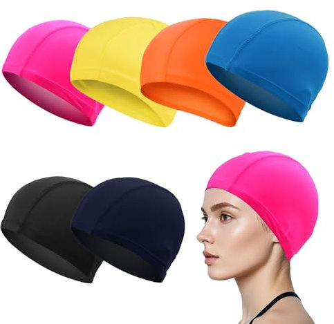 SAIIURV 6 Pezzi Cuffia da Nuoto, Cuffia Piscina, Cuffia per Nuoto in Piscina Unisex, Cuffia da Nuoto in Tessuto, Cuffia da Bagno, Cuffie Nuoto per Uomo Donna Super Elastica e Leggera (Multicolore)