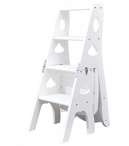 Holz faltbare Bibliothek Leiter Stuhl 3-in-1 Multifunktions-Display Regal Hocker mit Lagerung und 350 lbs Kapazität weiß