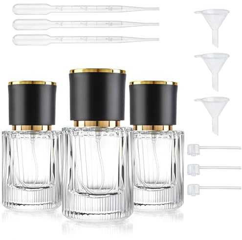H&D HYALINE & DORA 3 Pcs 30ml Round Perfume Atomiser, Refillable Glass Perfume Bottle, Atomiser Spray, Portable Aftershave Dispenser With Refill Pump for Daily and Trips (Black)