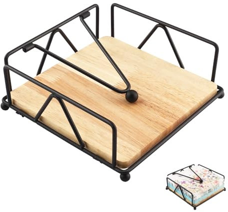 Zosenyer Portatovaglioli da Tavola, Porta Tovaglioli da Tavolo 18 x 18 x 8 cm, Supporto per Tovaglioli in Metallo e Quadrato Base in Legno, Portatovaglioli di Carta per Tavoli Ristorante Cucina Picnic