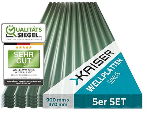 KAISER plastic® Wellplatten grün | Wellplatten Dach, Welldach Kunststoff | Dachplatten wetterfest | Überdachung | Sinus 76/18 – 90 x 117 cm | 5 Stk.