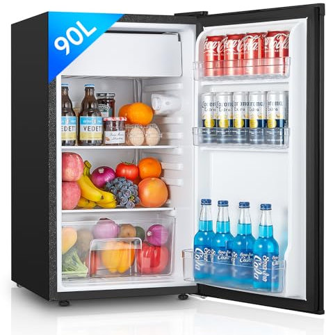FOHERE Kühlschrank mit Gefrierfach 90L | Kühlschrank Klein mit Obst- und Gemüsefach | 7 Einstellbare Temperaturregelung | 84kWh/Jahr | Türanschlag wechselbar | Verstellbare Füße | Schwarz