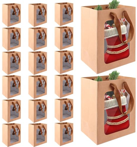 LDXDRU 20 Stück Braun Geschenktüten mit Fenster, 25x18x13CM groß Geschenktüten, Handtragebeutel Papiertüten, Einkaufstaschen für Einkaufen, Hochzeiten, Verpackungen, Geburtstag, Weihnachten