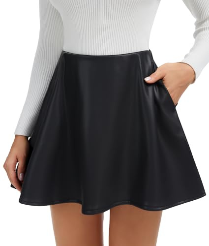SHAPERIN Jupe en Cuir Femme Jupes avec Short Intégré Mini Jupe Trapèze A-Ligne avec Poches