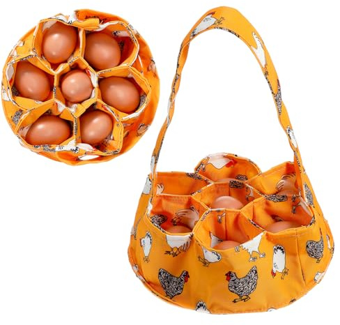 Ymapinc Egg Collecting Basket, Chicken Egg Basket for Gathering Fresh Eggs Holder Carrier with 7 Pouches for Duck Goose Collection Spiral Countertop Gifts for Women Housewife - Yellow Canvas